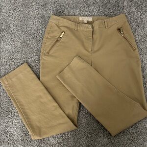 Michael Kors Tan Straight Leg Pants with Gold Zipper Accents